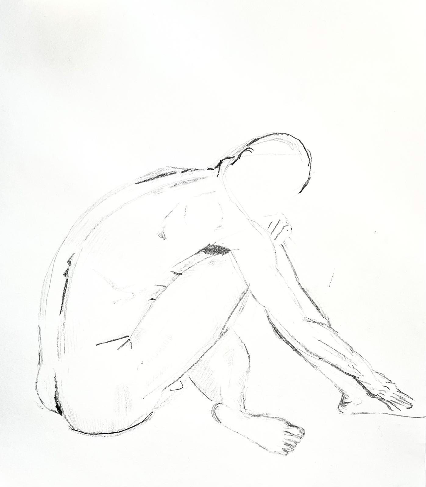 Line drawing of a seated figure